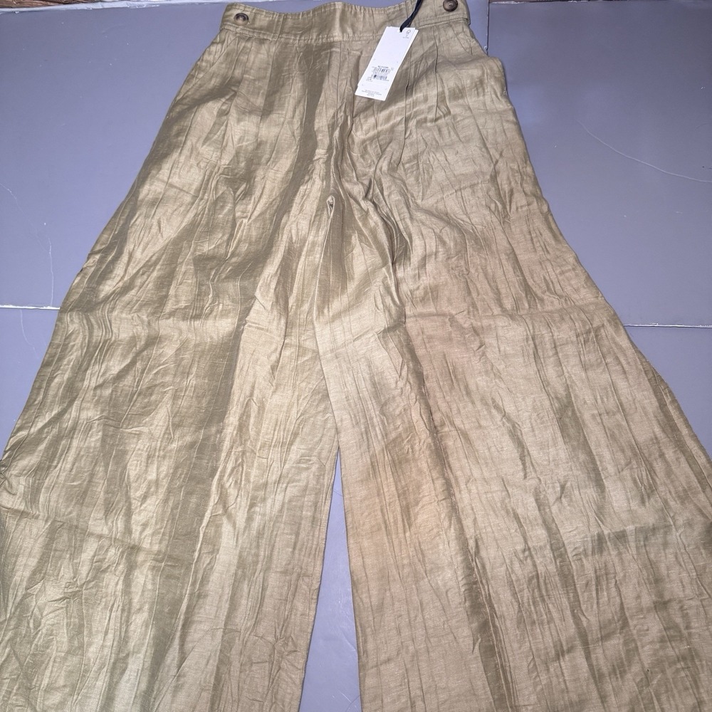 Next N Premium Womens 4P US Linen Blend Pants Green Wide Baggy Pleated FLAW